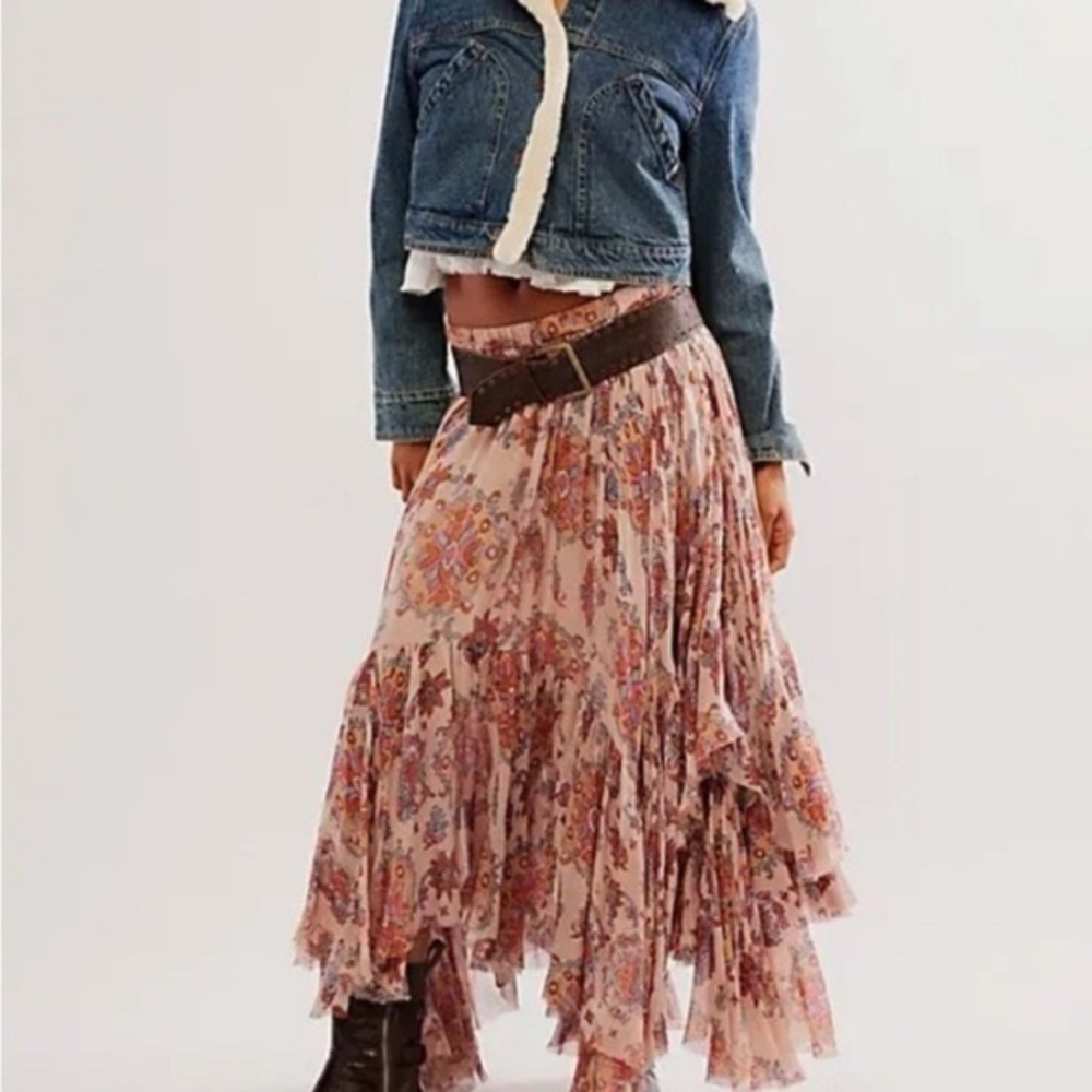 Free People Pink Floral Tiered Maxi Skirt